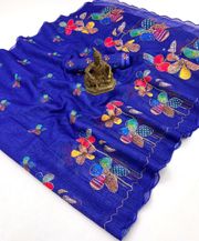 Royal Blue Floral Aari Work Linen Saree Online - 