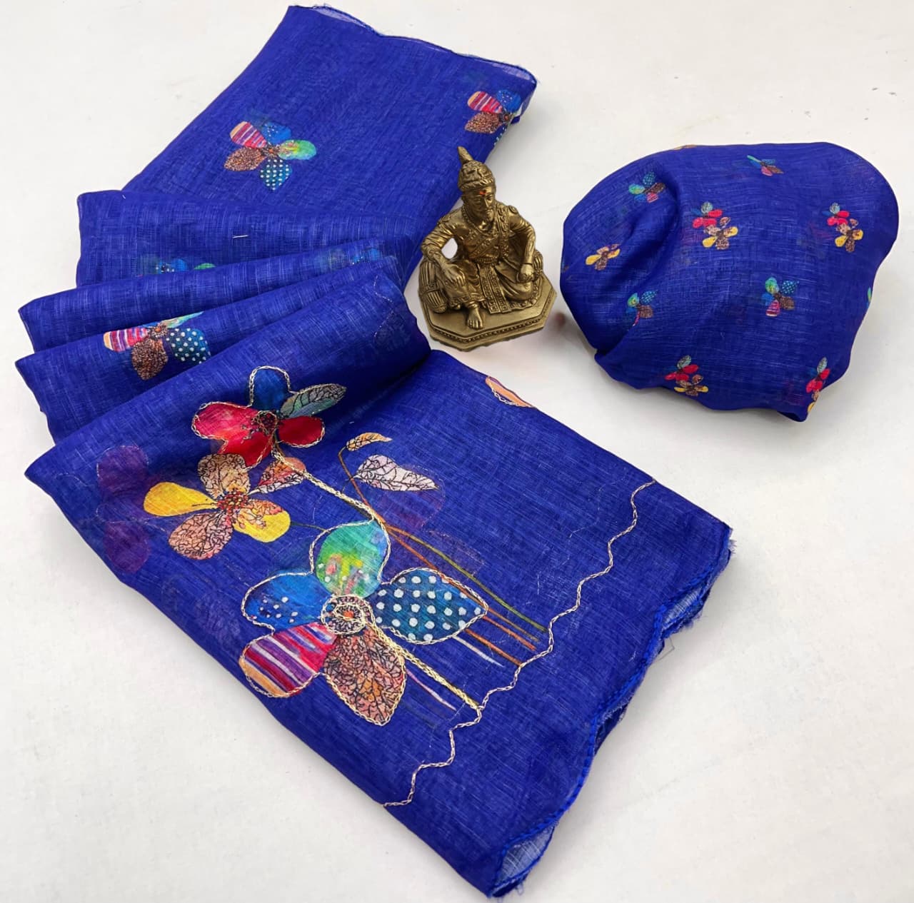 Royal Blue Floral Aari Work Linen Saree Online