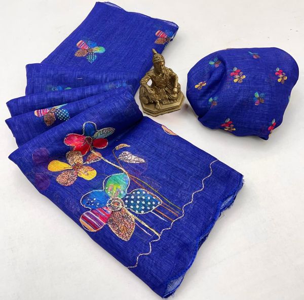 Royal Blue Floral Aari Work Linen Saree Online