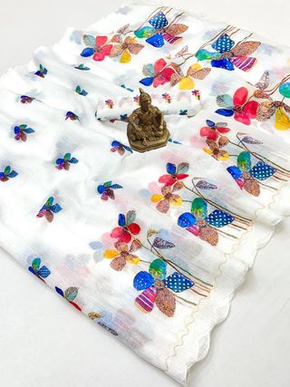White Floral Aari Work Linen Saree with Blouse