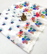 White Floral Aari Work Linen Saree with Blouse - 