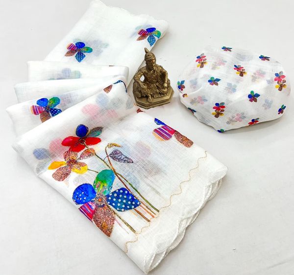 White Floral Aari Work Linen Saree with Blouse