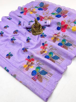 Lavender Floral Aari Work Linen Saree with Blouse