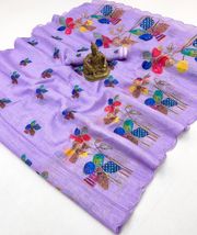 Lavender Floral Aari Work Linen Saree with Blouse - 
