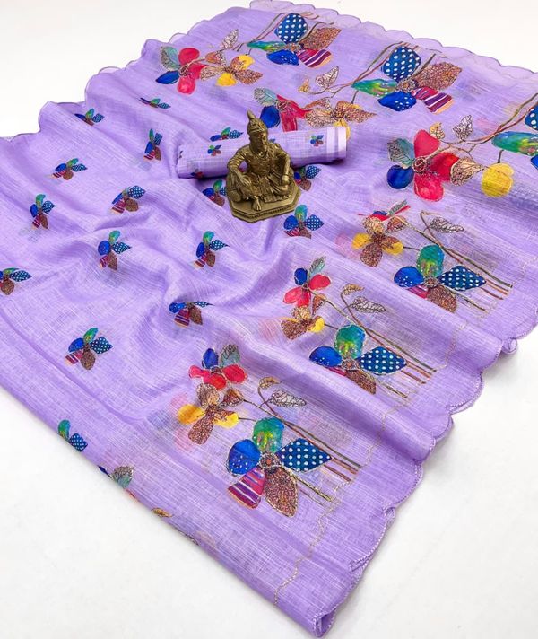 Lavender Floral Aari Work Linen Saree with Blouse