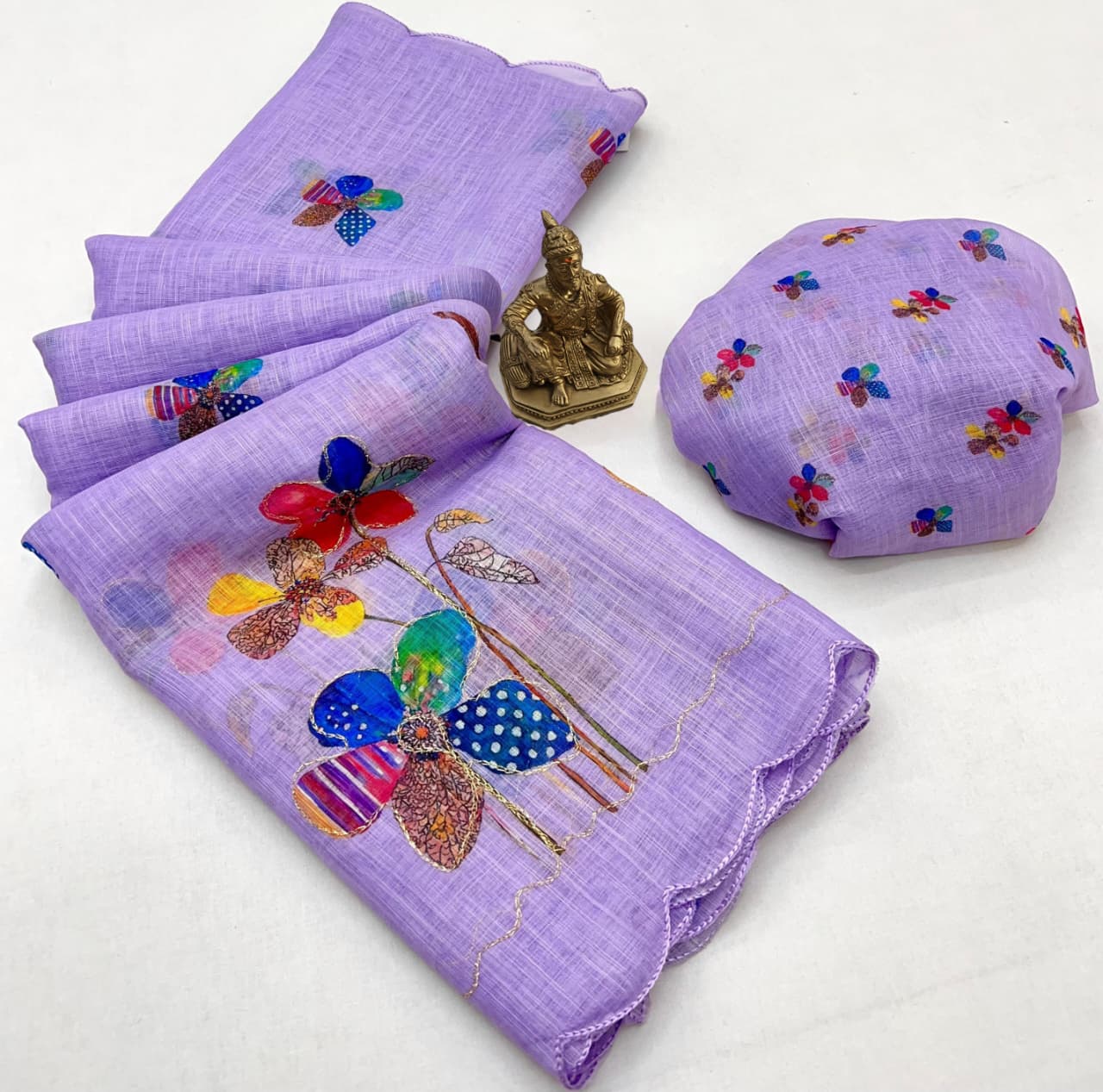 Lavender Floral Aari Work Linen Saree with Blouse