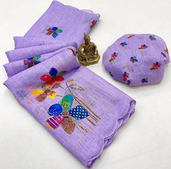 Lavender Floral Aari Work Linen Saree with Blouse