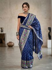 Navy Blue Kora Silk Saree with Leheriya Print and Brasso Border - 