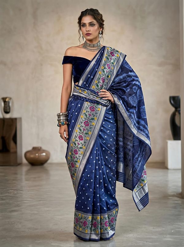 Navy Blue Kora Silk Saree with Leheriya Print and Brasso Border