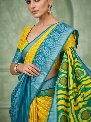 Yellow Teal Heritage Designer Saree