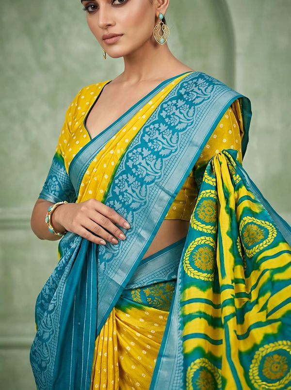 Yellow Teal Heritage Designer Saree