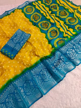 Yellow Teal Heritage Designer Saree