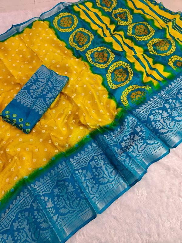 Yellow Teal Heritage Designer Saree