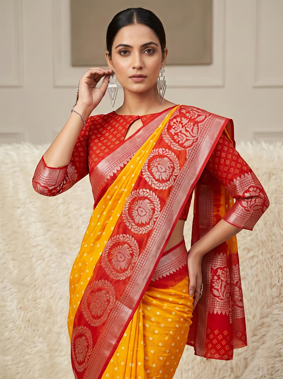 Red Yellow Elegance Leheriya Saree