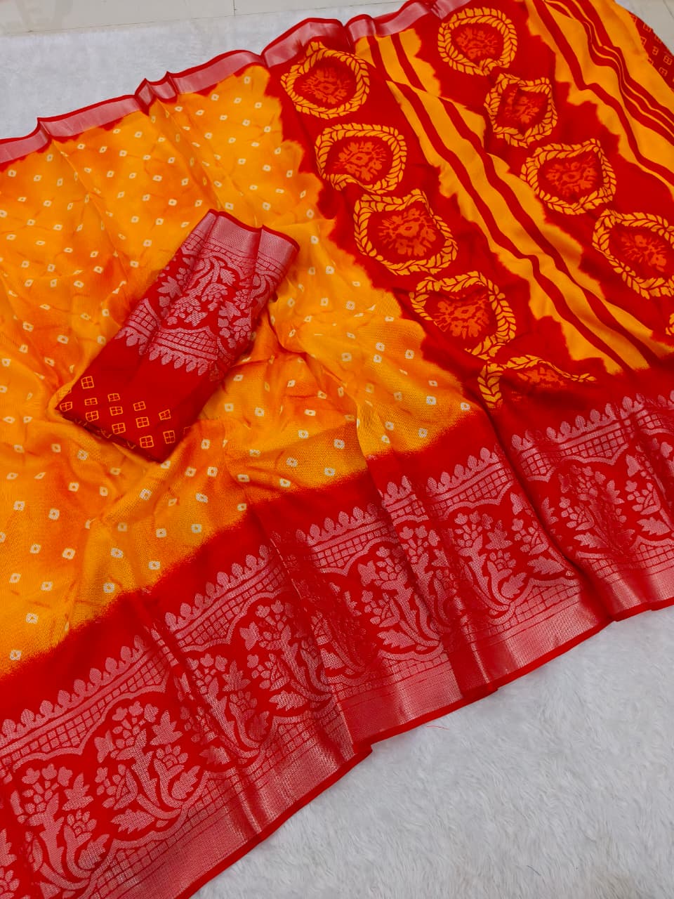 Red Yellow Elegance Leheriya Saree