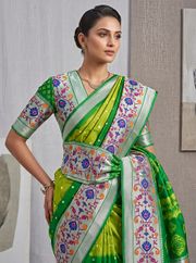 Green Kora Silk Leheriya Saree with Brasso Border - 
