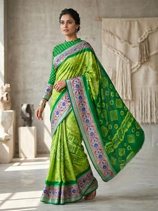 Green Kora Silk Leheriya Saree with Brasso Border