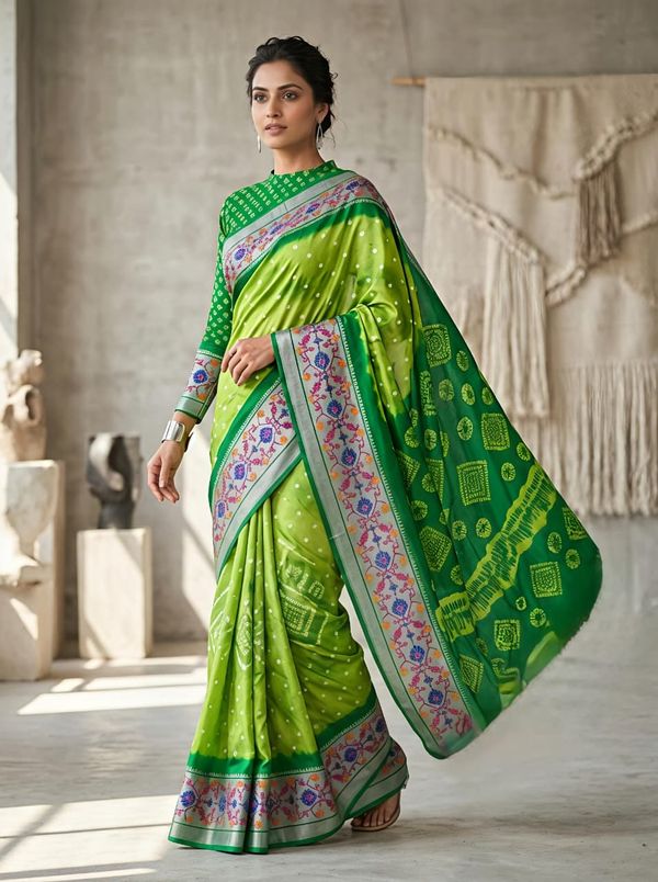 Green Kora Silk Leheriya Saree with Brasso Border