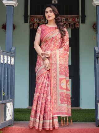 Rust Red Handloom Printed Saree with Ethnic Border