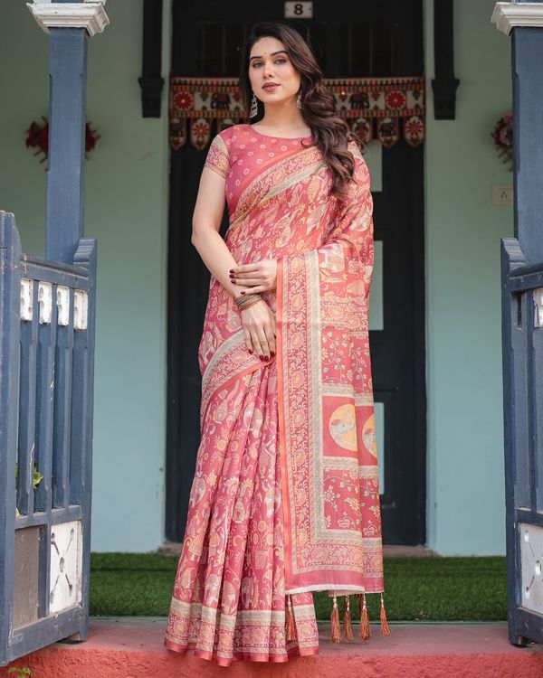 Rust Red Handloom Printed Saree with Ethnic Border