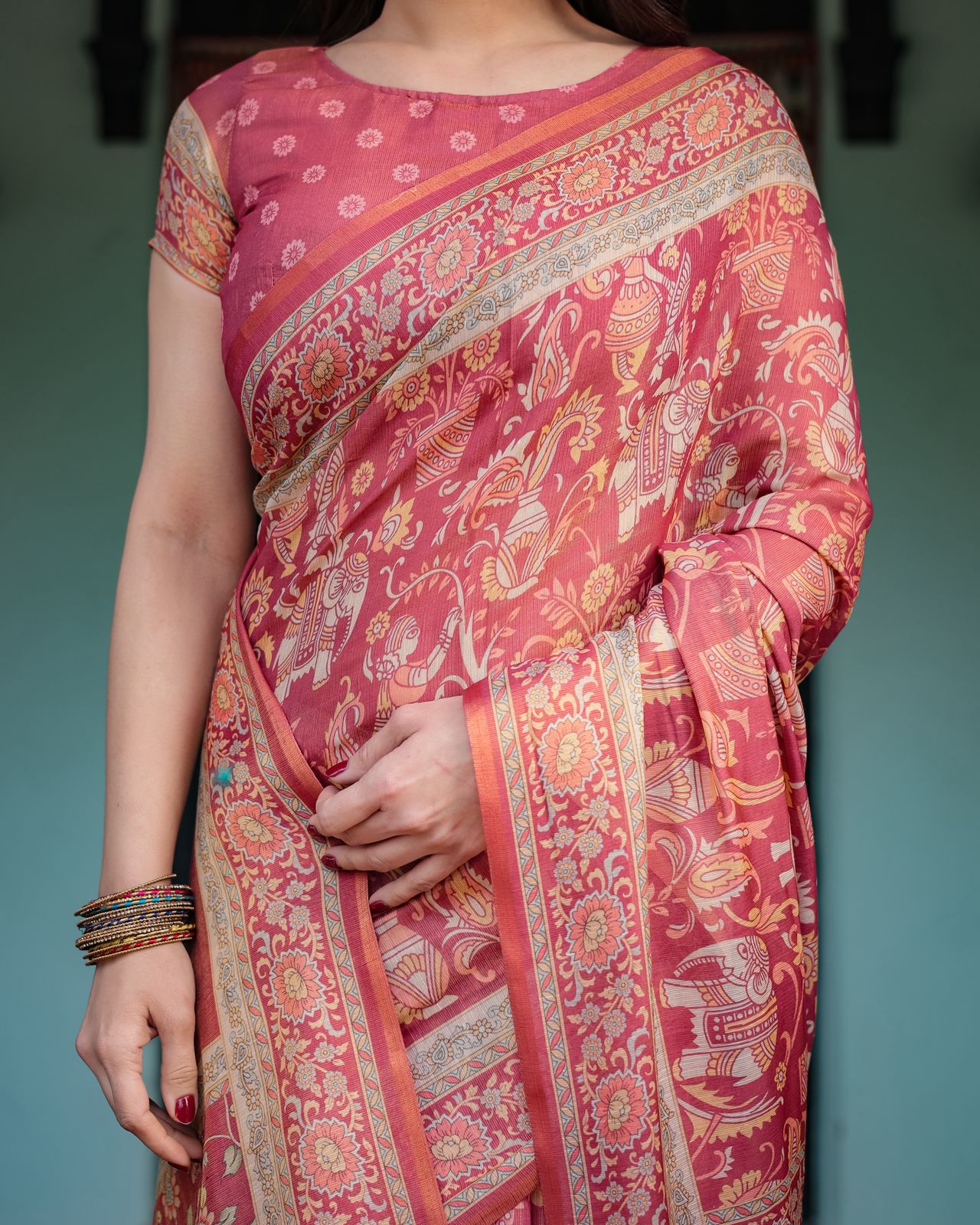 Rust Red Handloom Printed Saree with Ethnic Border