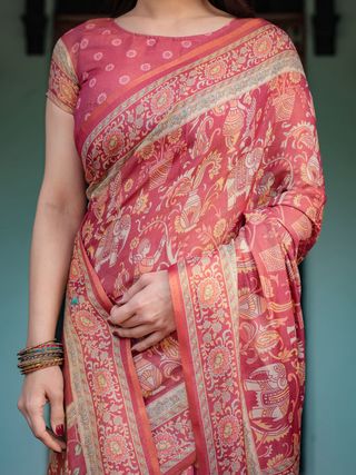 Rust Red Handloom Printed Saree with Ethnic Border