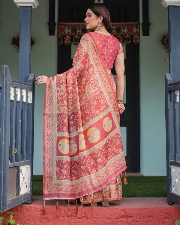 Rust Red Handloom Printed Saree with Ethnic Border