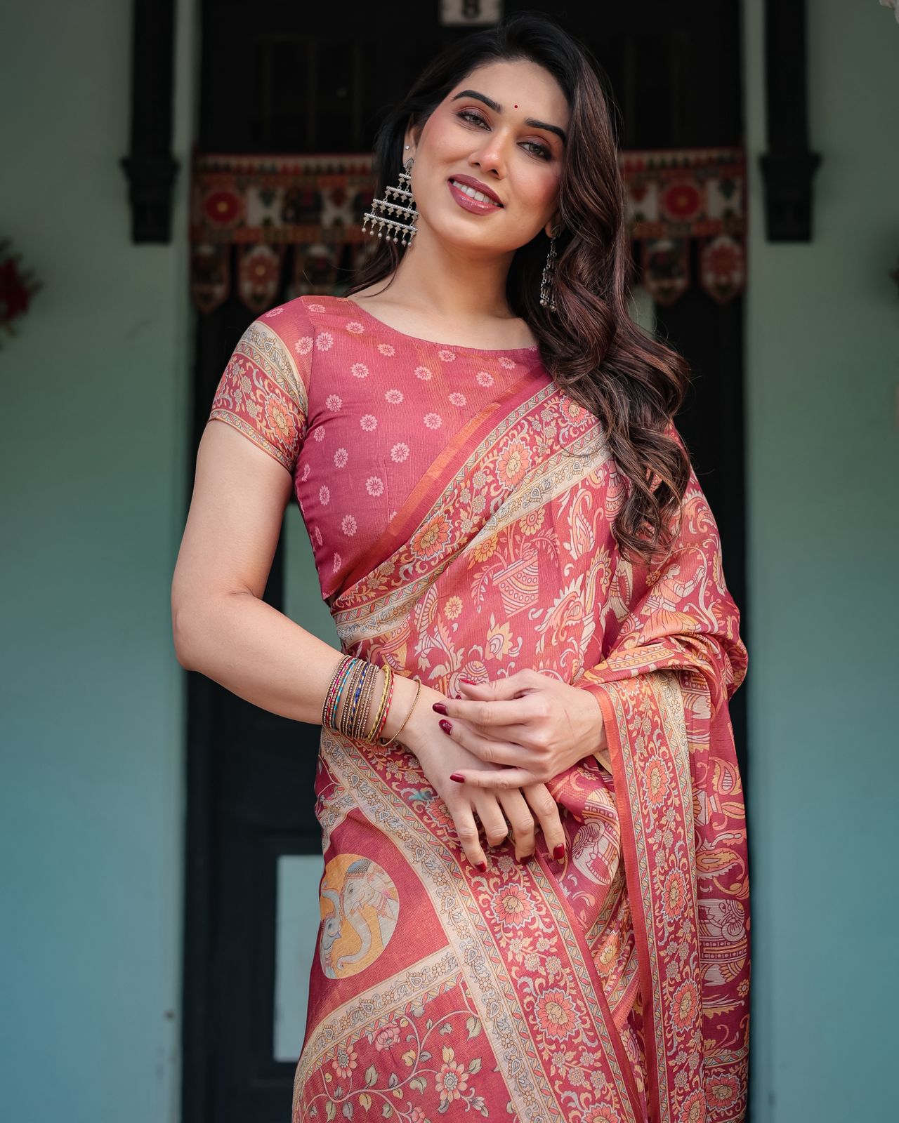 Rust Red Handloom Printed Saree with Ethnic Border