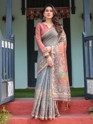 Lightweight Grey Saree with Rust Designer Border