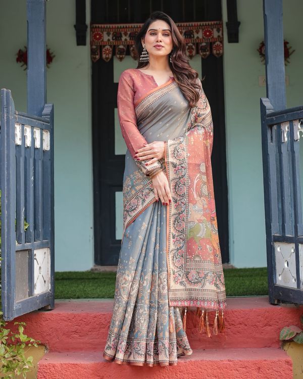 Lightweight Grey Saree with Rust Designer Border