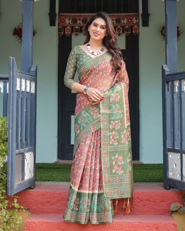 Bottle Green Handloom Saree with Rani Pink Floral Art