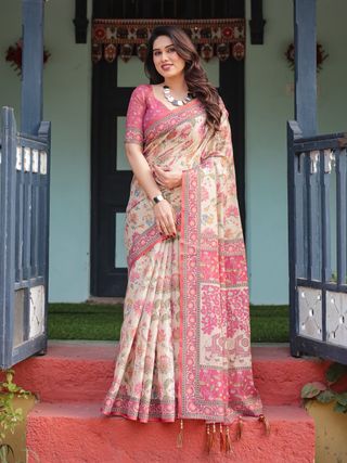 Lightweight Cream Saree with Designer Floral Pattern