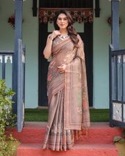 Mushroom Brown Handloom Saree with Ethnic Striped Border - 