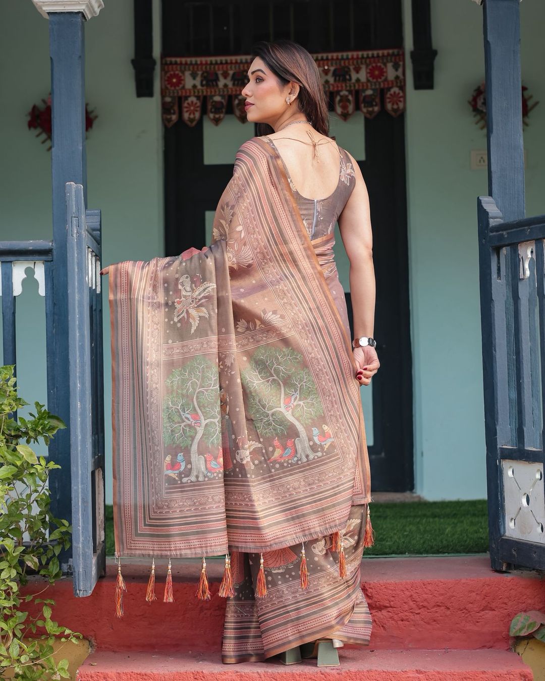 Mushroom Brown Handloom Saree with Ethnic Striped Border
