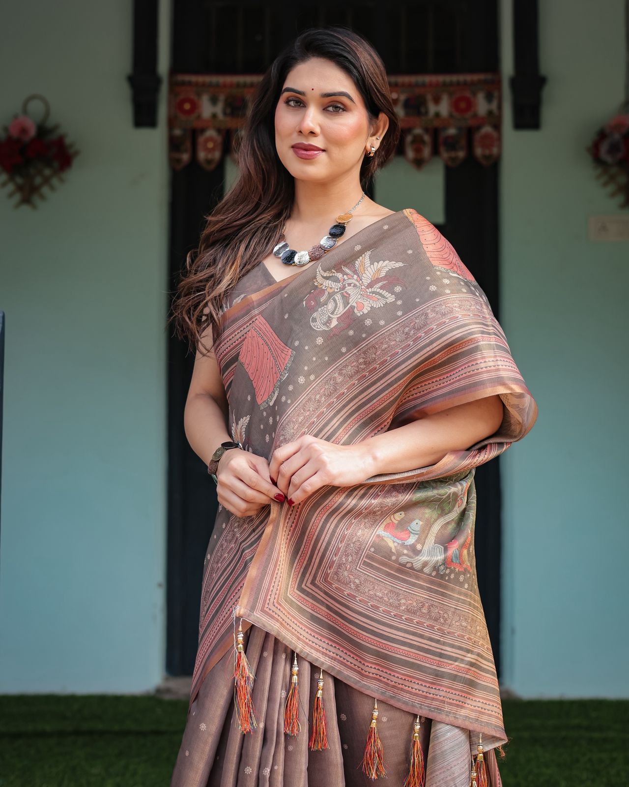 Mushroom Brown Handloom Saree with Ethnic Striped Border
