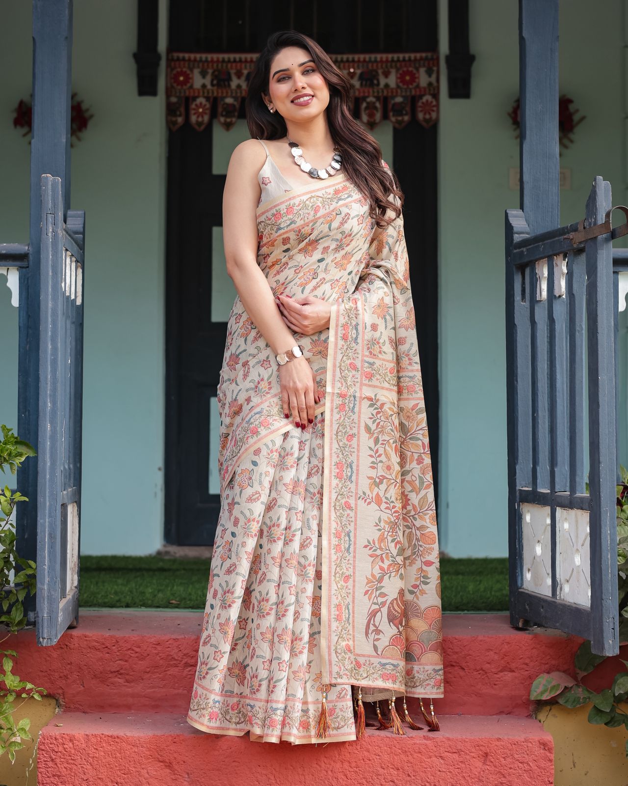 Soft Ivory Saree with Botanical Floral Print Design