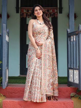 Soft Ivory Saree with Botanical Floral Print Design