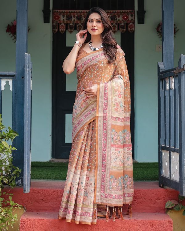 Caramel Brown Handloom Saree with Floral Vine Design