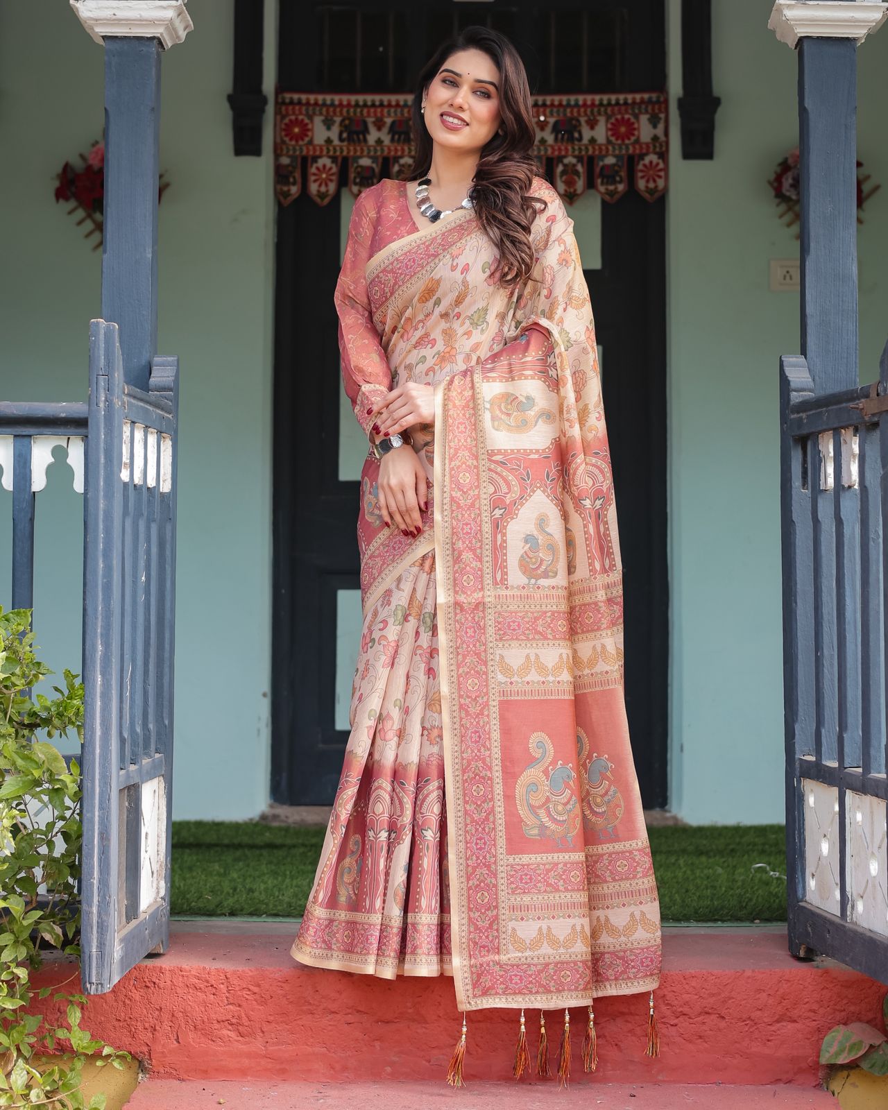 Peach Beige Floral Handloom Saree with Elegant Border