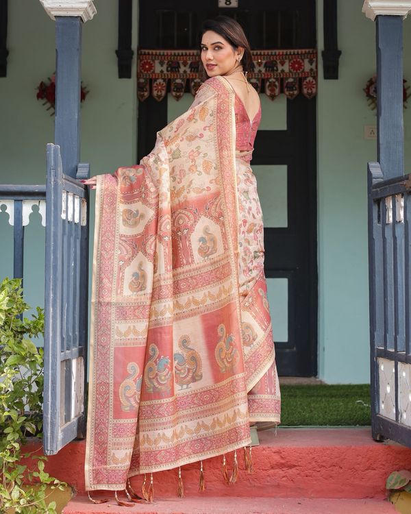 Peach Beige Floral Handloom Saree with Elegant Border
