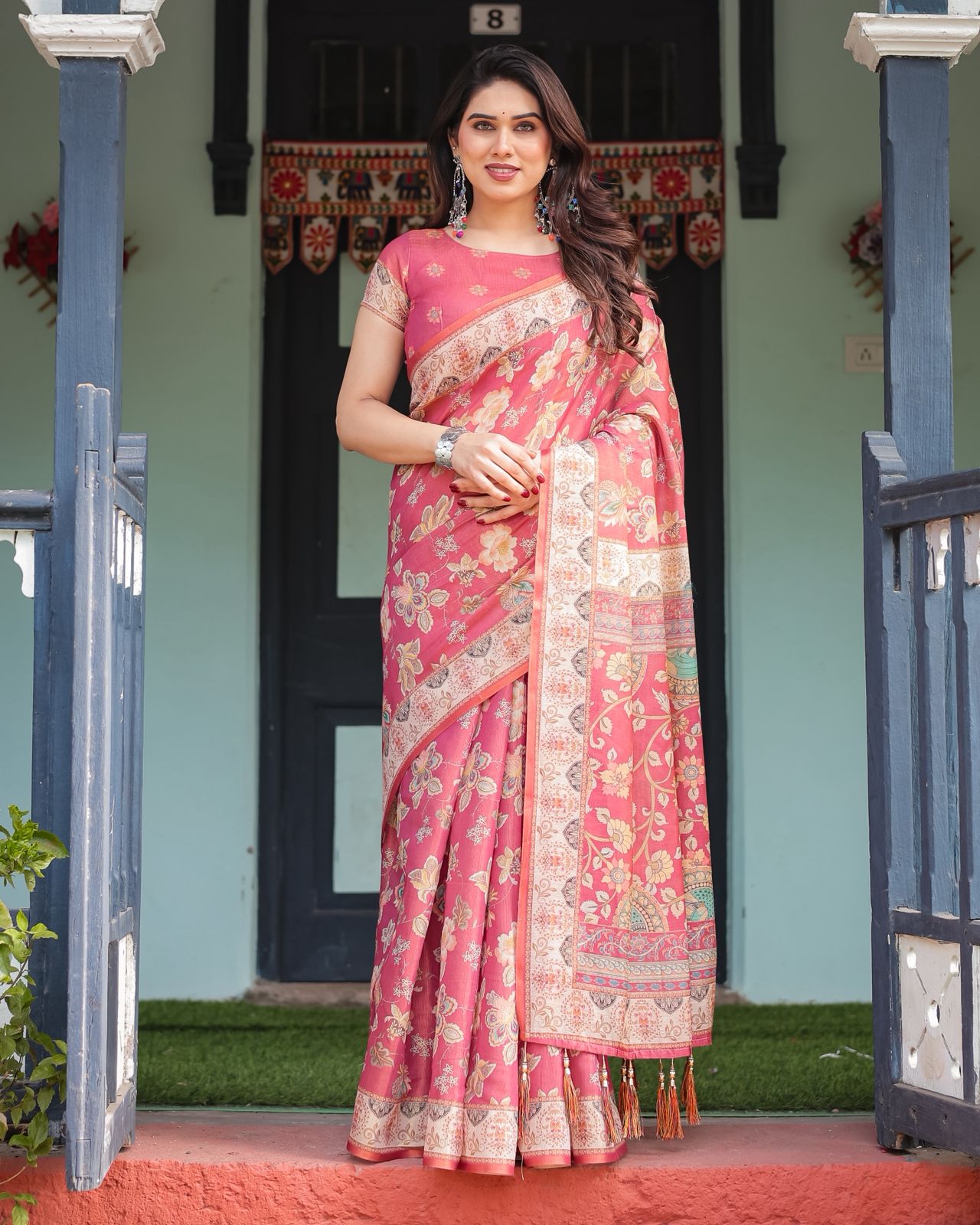 Rani Pink Handloom Saree with Floral Ethnic Border
