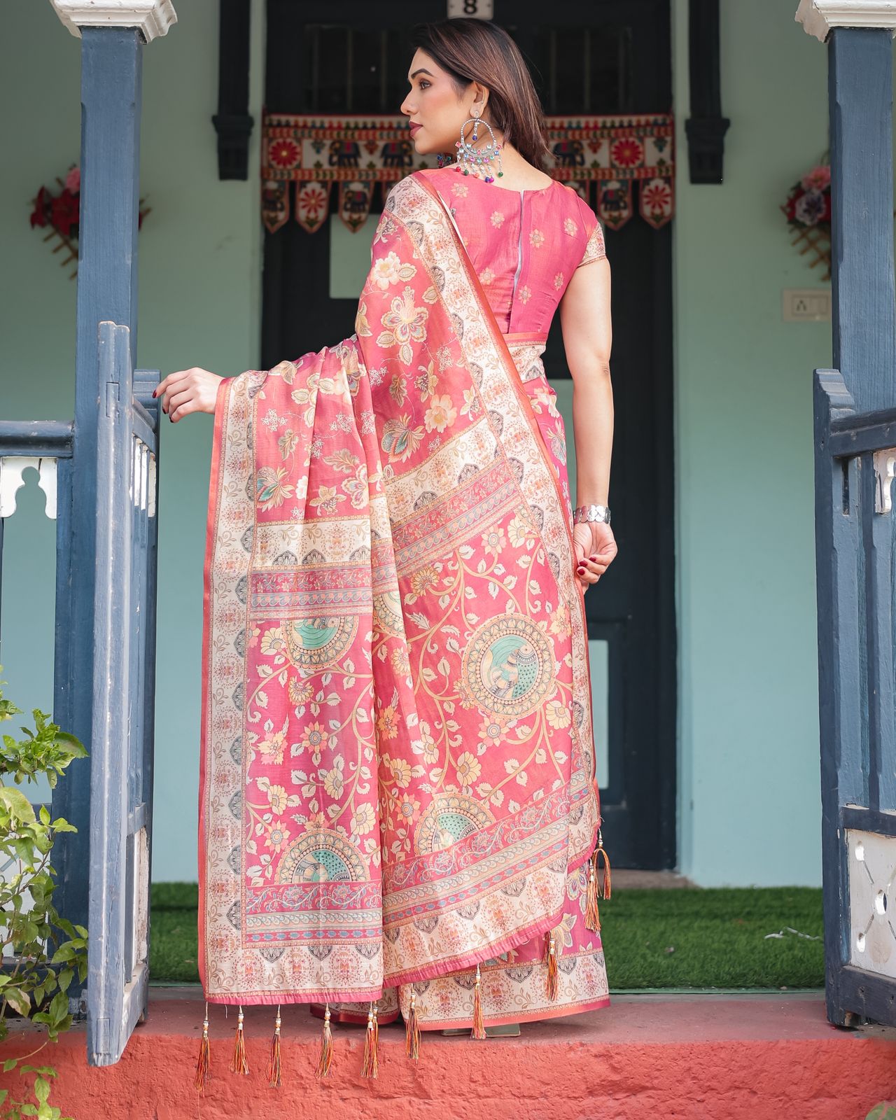 Rani Pink Handloom Saree with Floral Ethnic Border