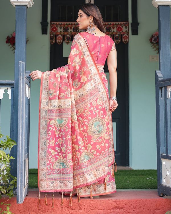 Rani Pink Handloom Saree with Floral Ethnic Border