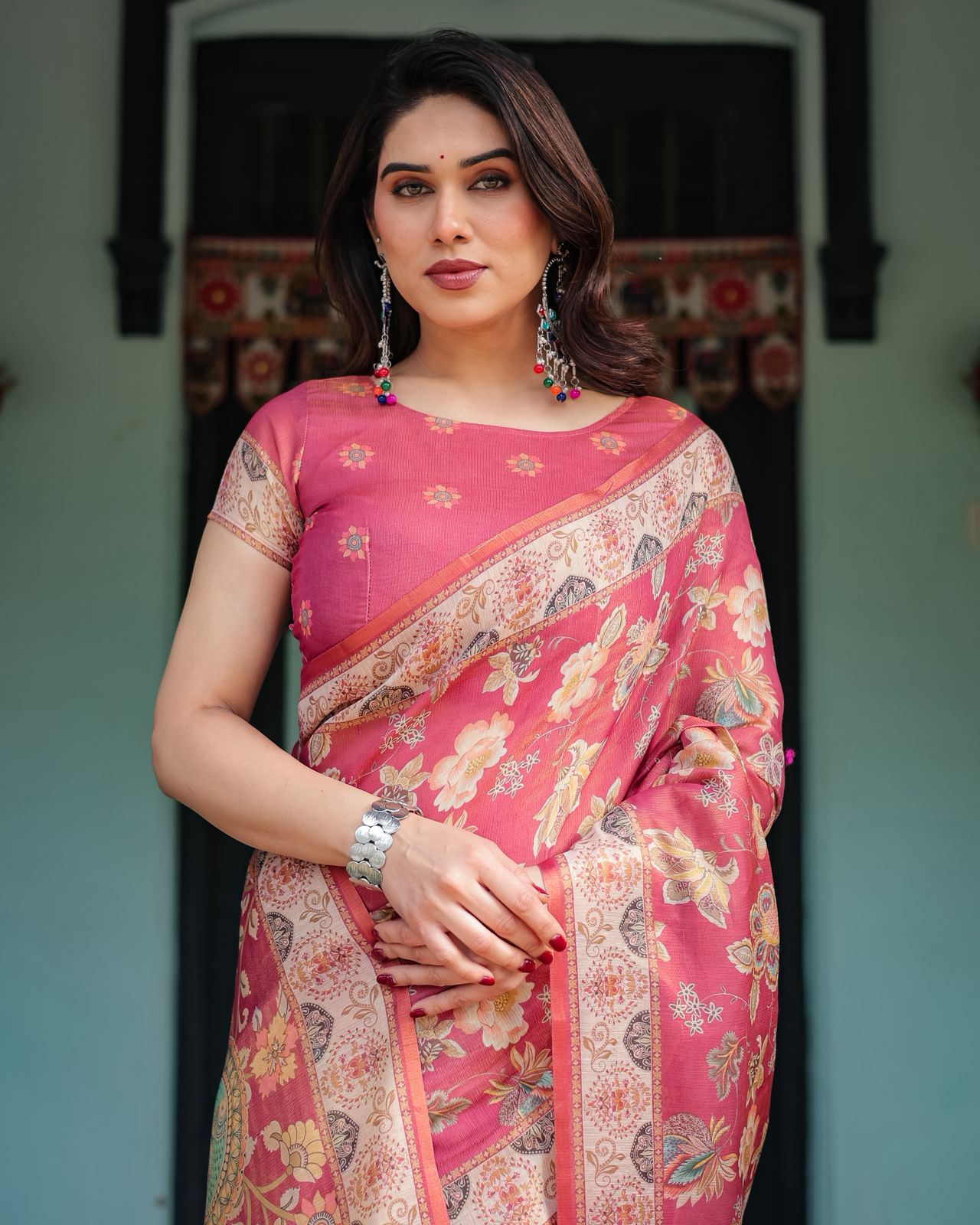 Rani Pink Handloom Saree with Floral Ethnic Border