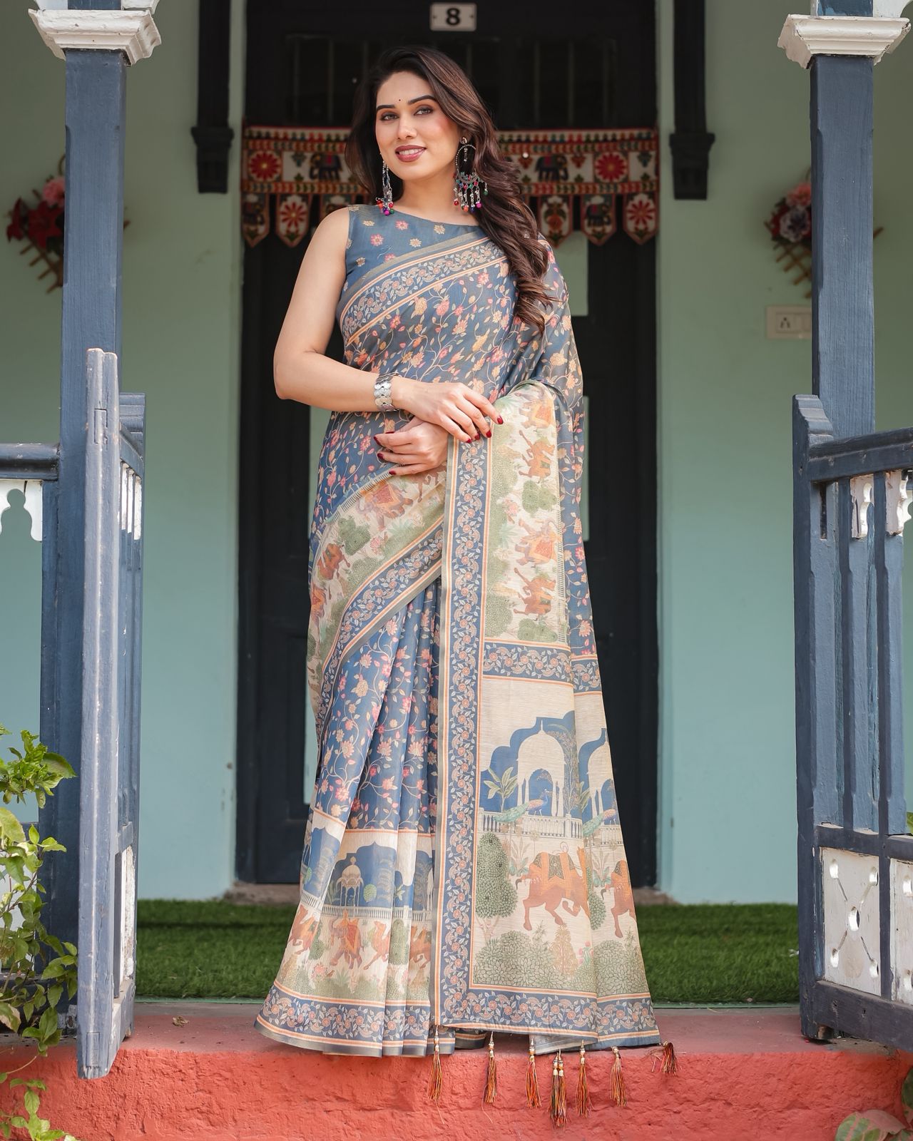 Slate Blue Handloom Saree with Mughal Art Pallu Style