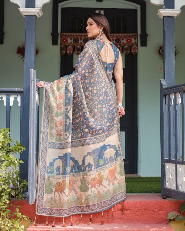 Slate Blue Handloom Saree with Mughal Art Pallu Style