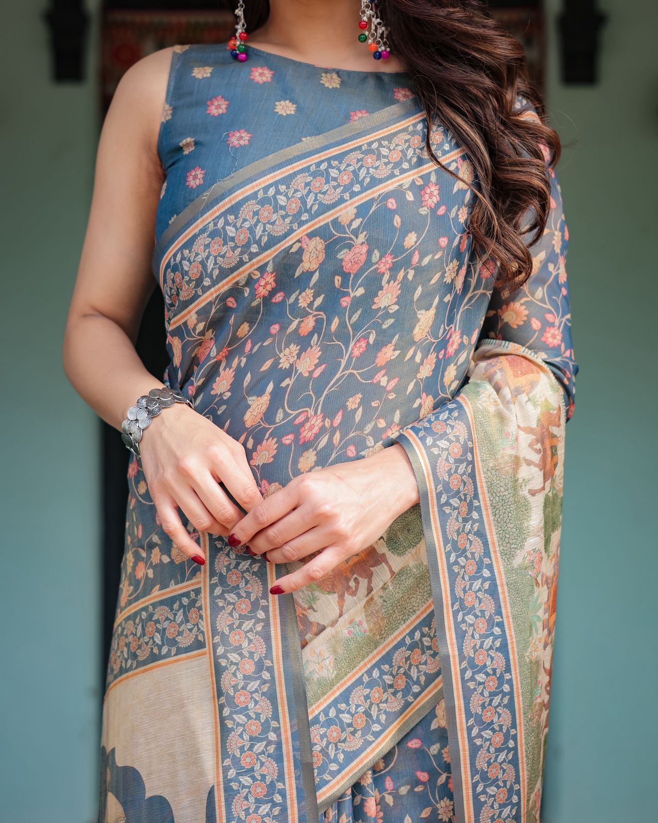 Slate Blue Handloom Saree with Mughal Art Pallu Style