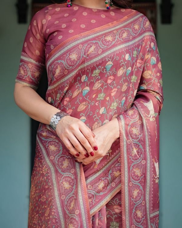 Dusty Rose Floral Handloom Saree with Ethnic Border