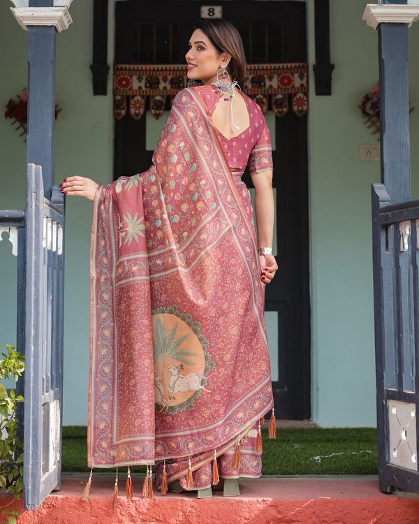 Dusty Rose Floral Handloom Saree with Ethnic Border