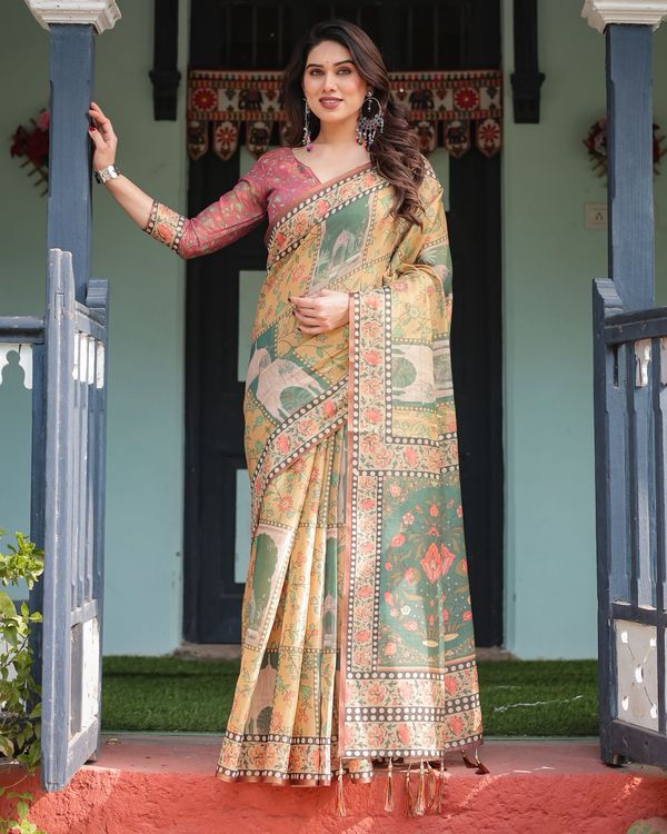 Mustard Olive Handloom Floral Heritage Saree with Pallu